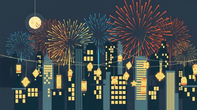 Vibrant Navratri Celebration Festive Cityscape with Durga Puja Lanterns and Fireworks