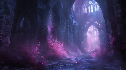 Fototapeta premium Ruined Grand Hall with Arches, Glowing Windows, and Purple Flowers, Creating a Mysterious and Ethereal Atmosphere.