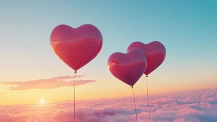 Heart-shaped balloons floating above a beautiful pink cloudscape at sunset, creating a romantic and dreamy atmosphere - Powered by Adobe