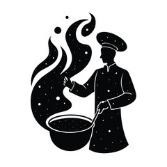 Silhouette vector chef cooking food in a pot with fire and steam