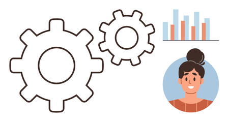 Two cogwheels linked to productivity, bar chart for data interpretation, woman symbolizing leadership. Ideal for teamwork, efficiency, analytics, management, collaboration, strategy innovation