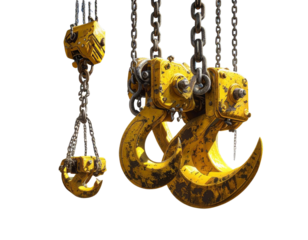Front View of Yellow Crane Hook Hanging with Metal Chain, Transparent Background PNG