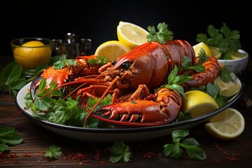 Lobster delight presented on a dark wooden table with lemon slices and fresh herbs