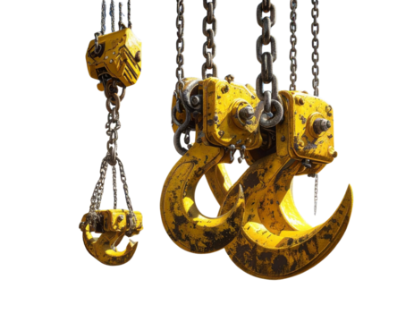 Front View of Yellow Crane Hook Hanging with Metal Chain, Transparent Background PNG