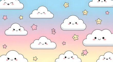 Obraz premium A cute kawaii pattern of smiling clouds and stars on a pastel rainbow sky background.