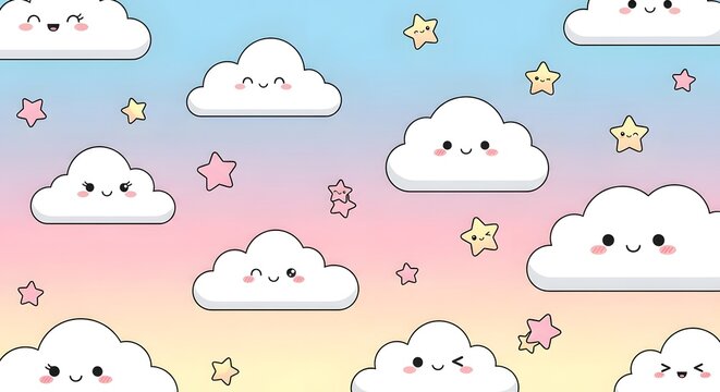 A cute kawaii pattern of smiling clouds and stars on a pastel rainbow sky background.