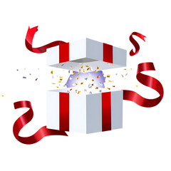 Png 3d illustration of open gift box with ribbons and confetti isolated on transparent background transparent background
