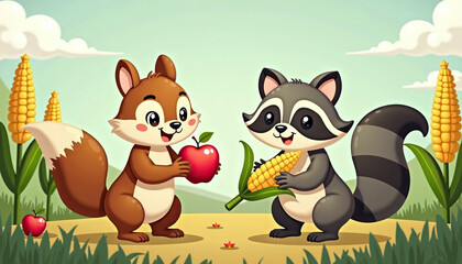 A friendly squirrel and a raccoon exchange fruits in the bright autumn atmosphere of the farm