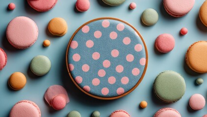 Colorful macarons surround a polka-dotted, wooden-rimmed circle