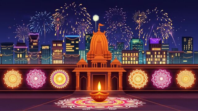 Vibrant Navratri Celebration Festive Durga Puja in a Modern Indian Cityscape at Night with Fireworks
