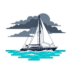 Fototapeta premium Pixel Art Sailboat Under Cloudy Skies Sailing on Teal Sea Vintage Themed Image
