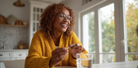 Happy Senior Woman Takes Medication in Bright Kitchen