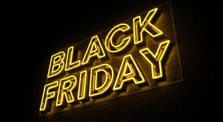 Fototapeta premium Bright yellow neon sign illuminates the words black friday in the dark