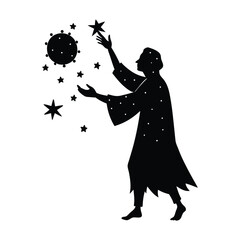 Silhouette vector silhouette of a person reaching for stars against a dark sky