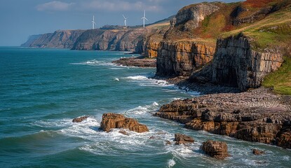 Dramatic coastline with cliffs, waves, and wind turbines