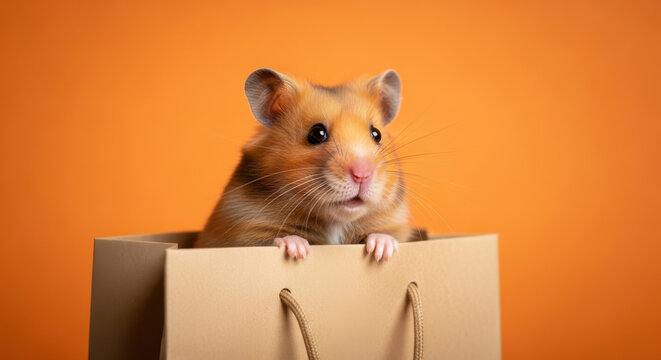 Adorable fluffy syrian hamster peeking out of a brown paper shopping bag against an orange background - Powered by Adobe