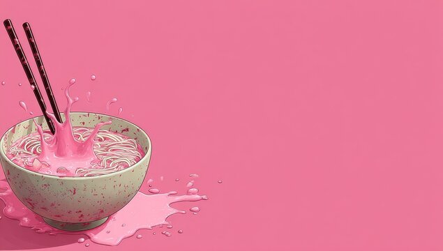 Pink ramen bowl with splashing liquid and chopsticks - Powered by Adobe