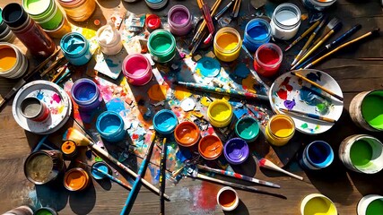 Assorted colorful paint jars and brushes scattered on wooden table with artistic palette in creative studio space