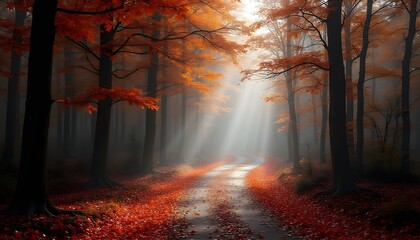 Golden sunbeams pierce misty autumn forest path