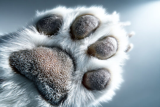 A close-up view of a fluffy animal paw with detailed pads and fur, showcasing texture and warmth.