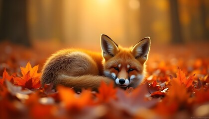 Obraz premium Red fox resting amongst vibrant autumn leaves in warm sunlight