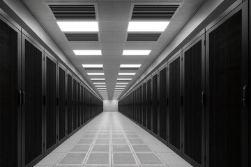 Obraz premium A Modern Data Center Corridor with Server Racks and Bright Lighting