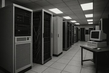 Naklejka premium A vintage data center showcasing rows of server racks and an old computer, reflecting the evolution of technology in computing environments.