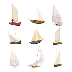 Set sailboat and yacht retro ship, fishery, travel vessel
