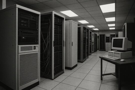 A vintage data center showcasing rows of server racks and an old computer, reflecting the evolution of technology in computing environments.