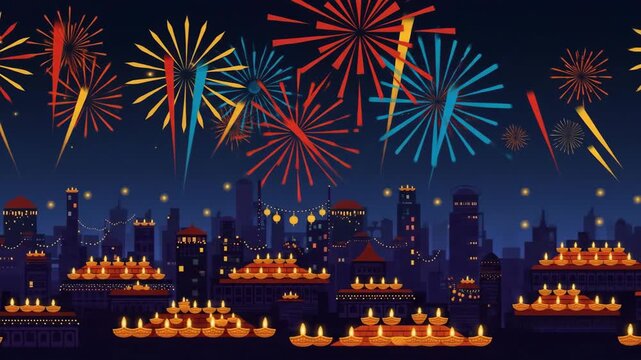 Vibrant Navratri Celebration Fireworks and Diya Illumination over Indian Cityscape