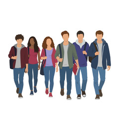 Fototapeta premium Diverse Group of College Students Walking Together in Casual Outfits with Backpacks and Books on White Background