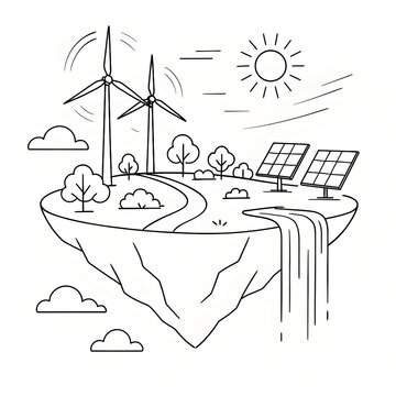 green energy - isometric solar panels and wind turbines black and white simple minimalistic drawing