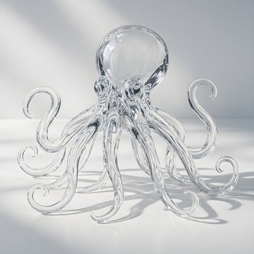 Transparent Glass Octopus Sculpture with Curled Tentacles and Artistic Detail
