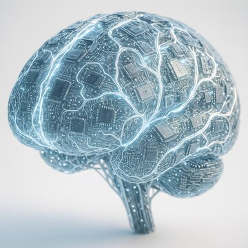 Digital AI Brain - Artificial Intelligence Visualization: a Digital Brain in Blue Light.