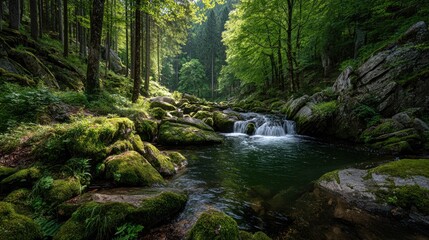 Obraz premium Sunlit mountain stream flows through mossy forest