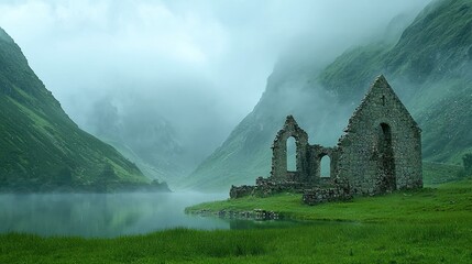Misty mountain lake with ruins