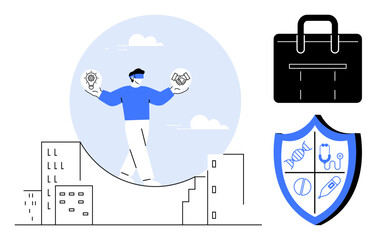 Person balancing on a growth curve while holding icons of ideas and partnerships. Briefcase and shield with medical and scientific symbols. Ideal for business, innovation, collaboration, healthcare