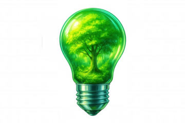 Verdant forest encapsulated inside glowing light bulb, representing sustainable energy and ecological preservation against transparent backdrop
