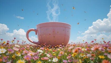 Obraz premium Whimsical pink teacup steaming gently in a colourful flower meadow, butterflies in the sky