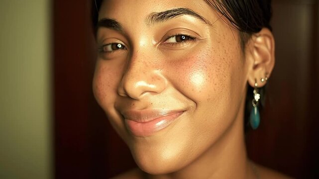 Smiling female face with natural skin, freckles, and calm expression shows positive body language and peaceful close up portrait with soft lighting