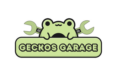 Cartoon Gecko Working in Garage PNG Illustration | Automotive Workshop Vehicle Repair Fun Cartoon Art Scene