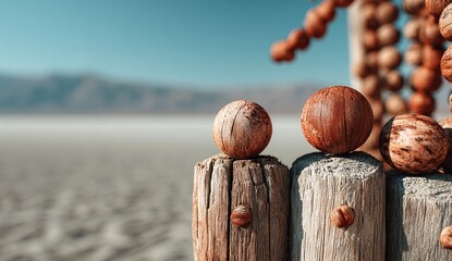 Wooden posts support reddish-brown orbs; desert backdrop