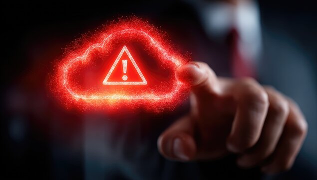 A hand points to a red, glowing cloud icon with an exclamation point, signifying a cloud-based error or warning