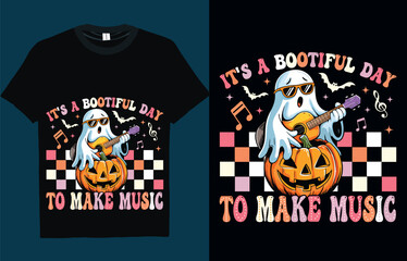 “Spooky Halloween T-shirt Design with Pumpkin, Ghost and Bats”