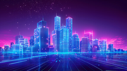 Naklejka premium Stunning digital cityscape with luminous architectural structures and data lines under a cosmic, star-filled, futuristic sky.