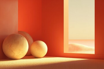Warm, sunlit room with spheres