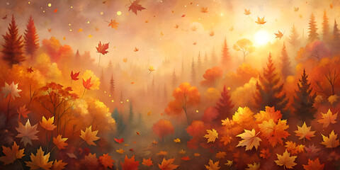 Autumn Forest Landscape with Falling Leaves and Sunlight