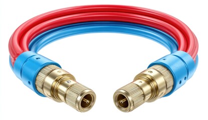 Red and blue coiled hose with brass connectors