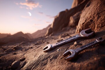 Rusty wrenches on desert rocks at sunrise