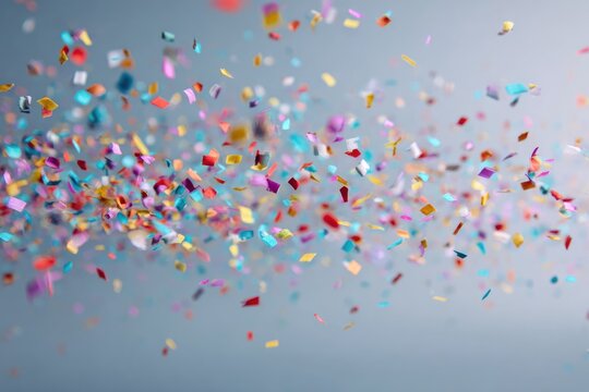 Colorful confetti swirling against a light gray background - Powered by Adobe